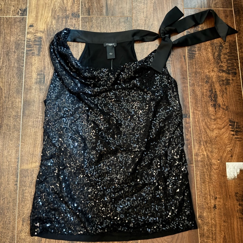 Ann Taylor Black Sequin Tie Front Tank Top